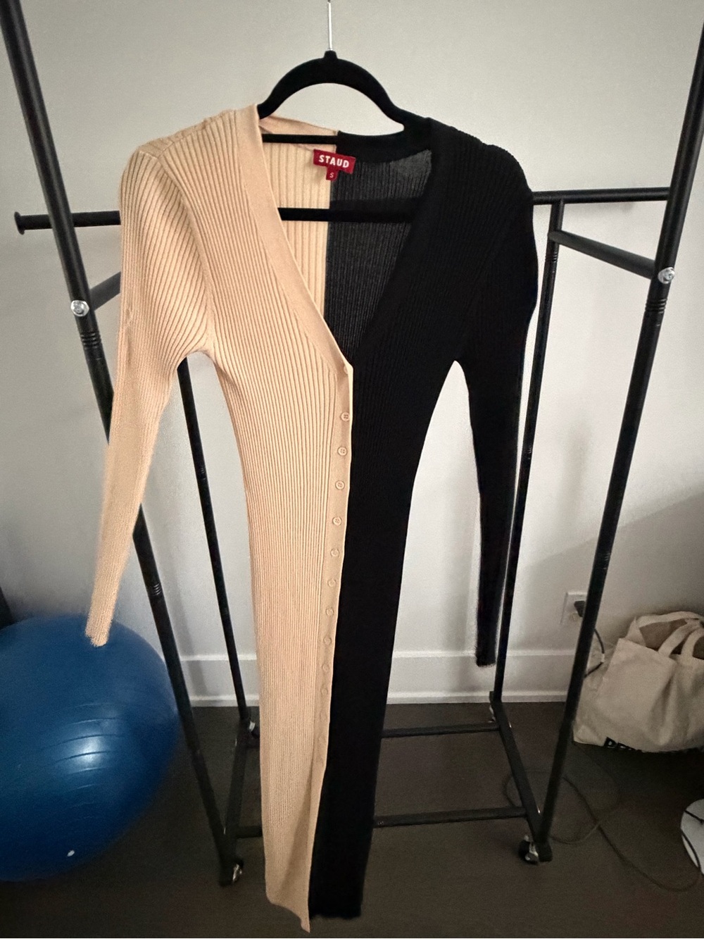 STAUD Two-Tone Ribbed Button-Front Cardigan Dress - Cream & Black